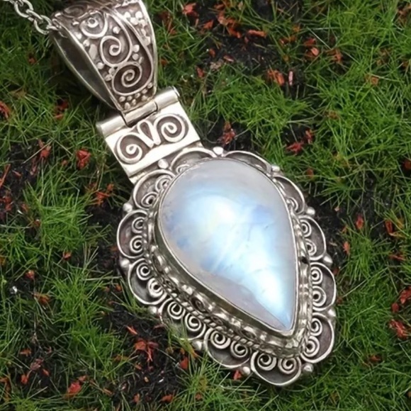 Blue Milky Opal, Simulated, Silver Plated Pendant, Black Beaded Boho Necklace - Picture 11 of 11